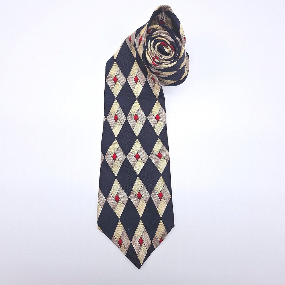 Vintage Monsieur Givenchy Mens Silk Diamond Pattern‎ Necktie Black Gold Red